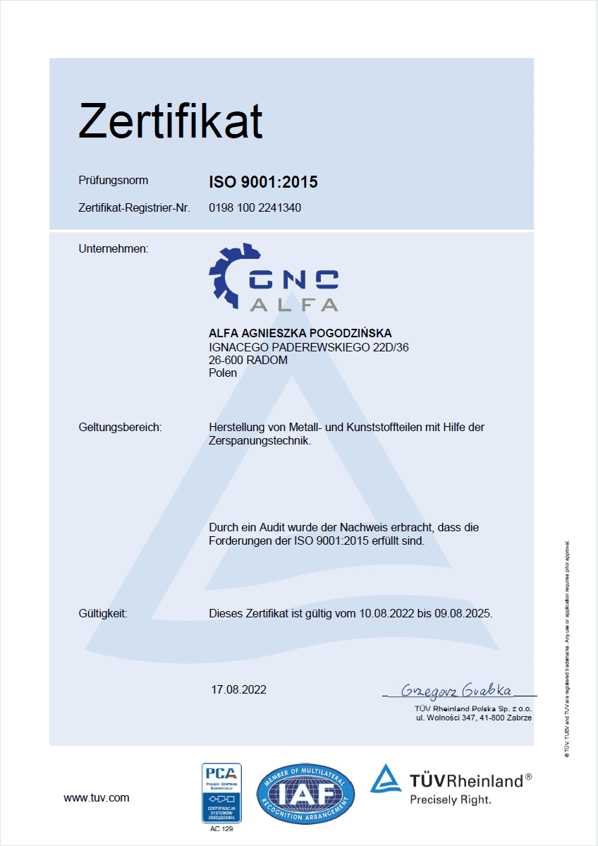 ISO 9001:2015 CNC Alfa Radom Polen