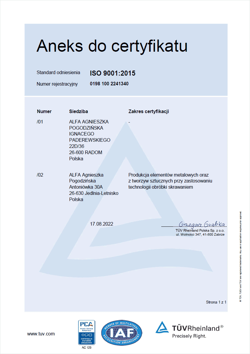 Aneks Certyfikat ISO CNC Alfa Radom